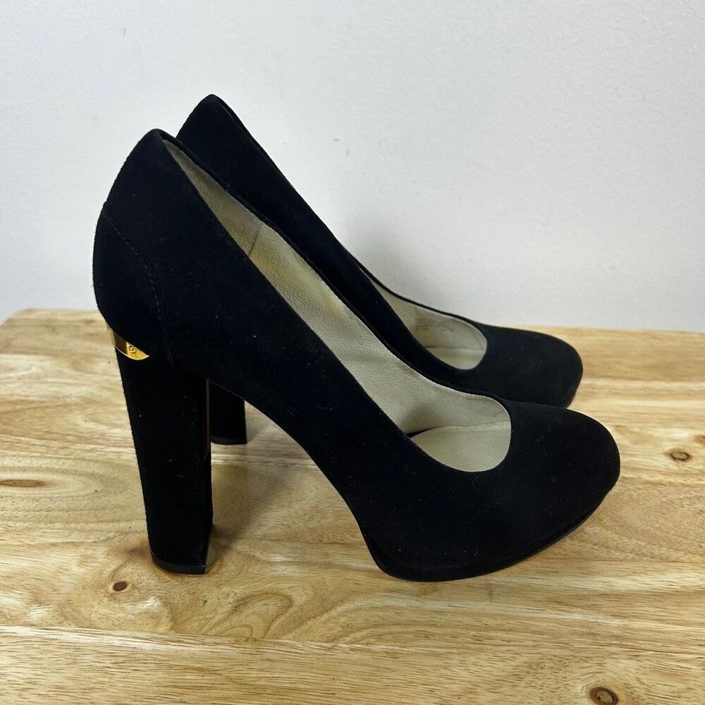 Michael Kors Black Suede Platform Pumps Block Heel Gold Logo Accent Womens 6.5